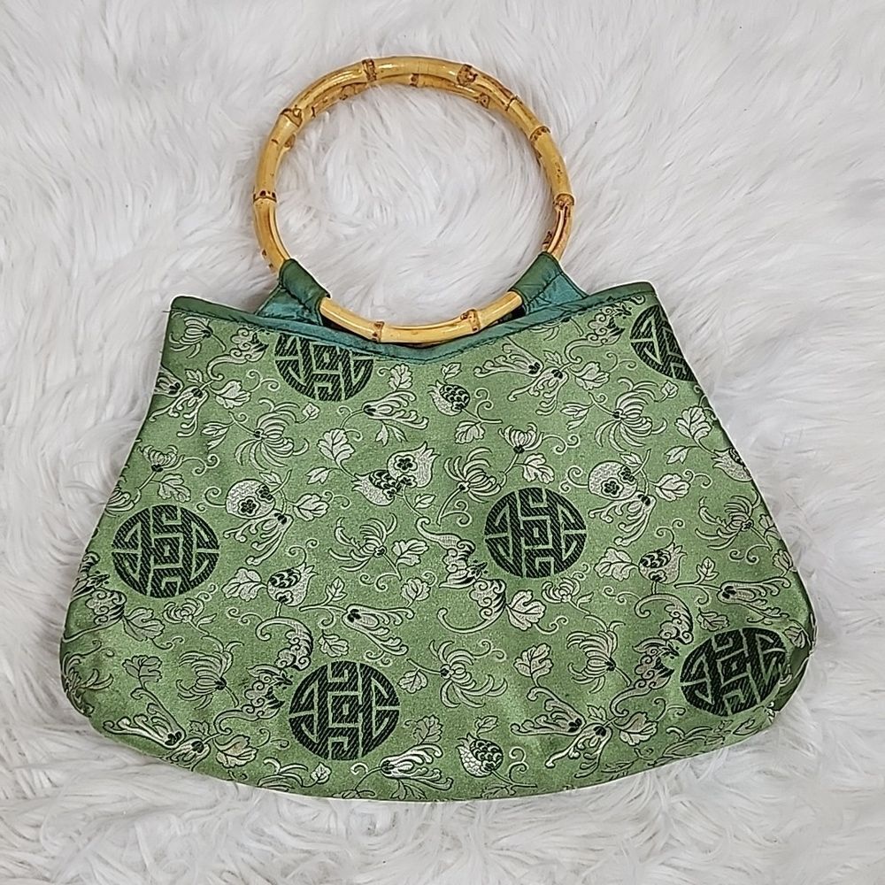 Vintage Silk Floral Bag with Bamboo Handles
